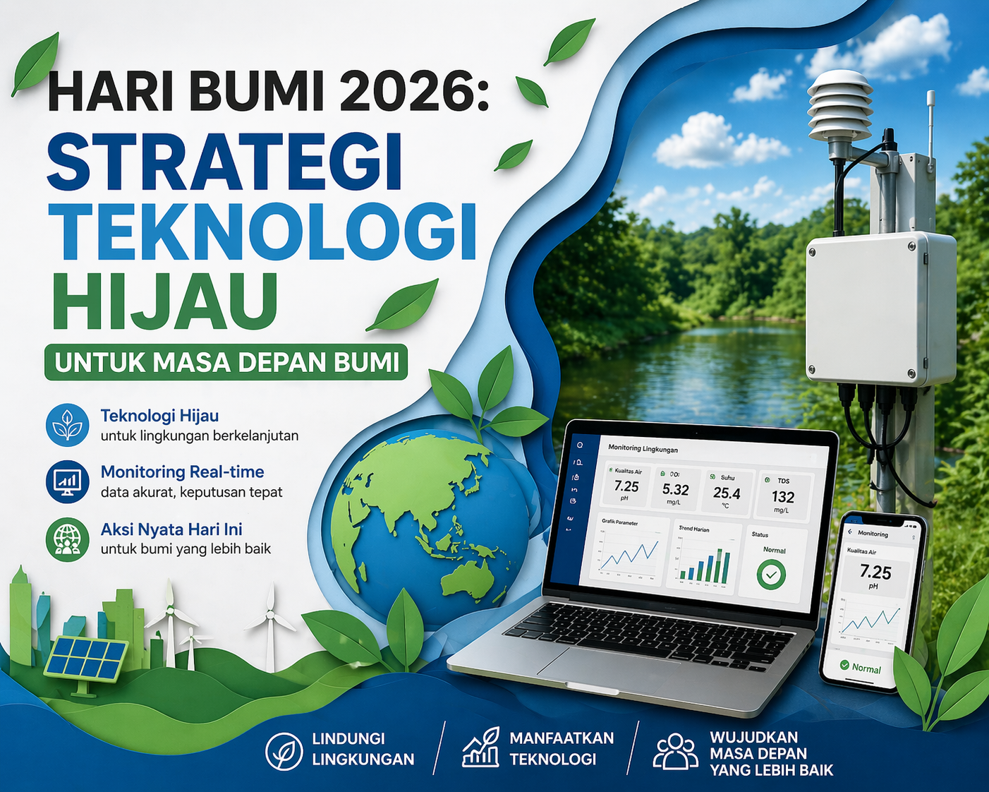 Hari Bumi 2026 dengan konsep teknologi hijau Indonesia, menampilkan sistem monitoring lingkungan real-time, sensor kualitas air, dan visualisasi data digital.